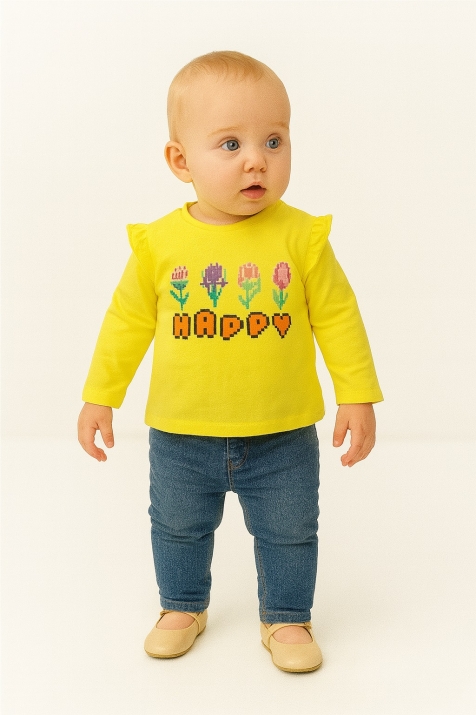 Детска блуза момиче дълъг ръкав с картинка, жълт цвят