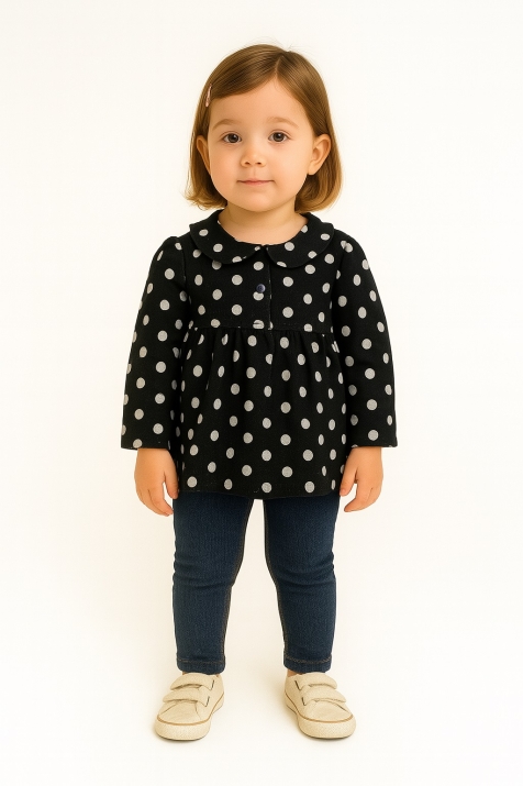 Детска блуза момиче дълъг ръкав на точки, черен цвят