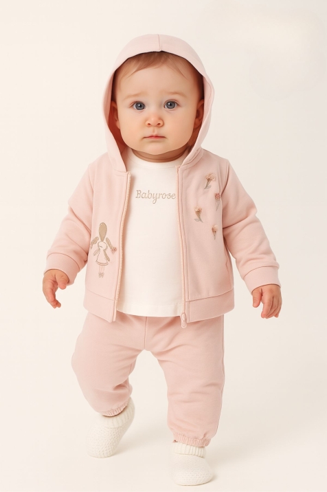 Бебешки комплект за момиче дълъг ръкав 3 части, розов цвят 