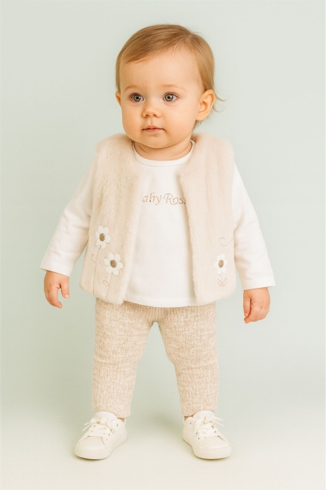 Бебешки комплект за момиче дълъг ръкав 3 части, бежов цвят
