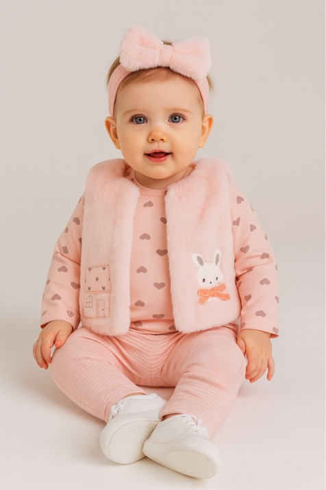 Бебешки комплект за момиче дълъг ръкав 3 части, розов цвят 