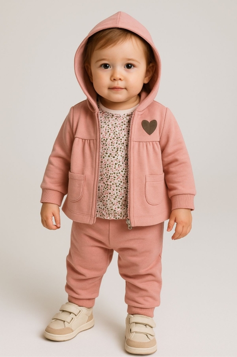 Детски комплект за момиче с дълъг ръкав 3 части, тъмно розов цвят 