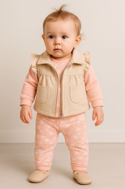 Бебешки комплект за момиче с дълъг ръкав 3 части, розов цвят