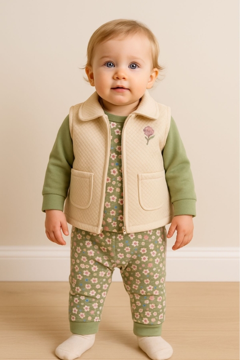 Бебешки комплект за момиче с дълъг ръкав 3 части, зелен цвят
