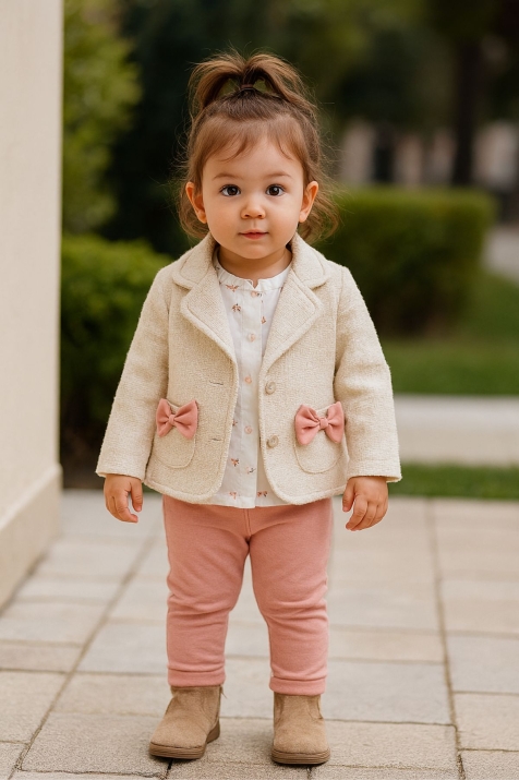 Детски комплект за момиче с дълъг ръкав 3 части, розов цвят