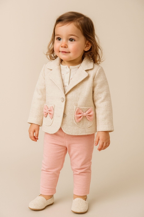 Детски комплект за момиче с дълъг ръкав 3 части, светло розов цвят