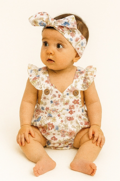 Бебешки гащеризон момиче с лента с цветя, шарен цвят