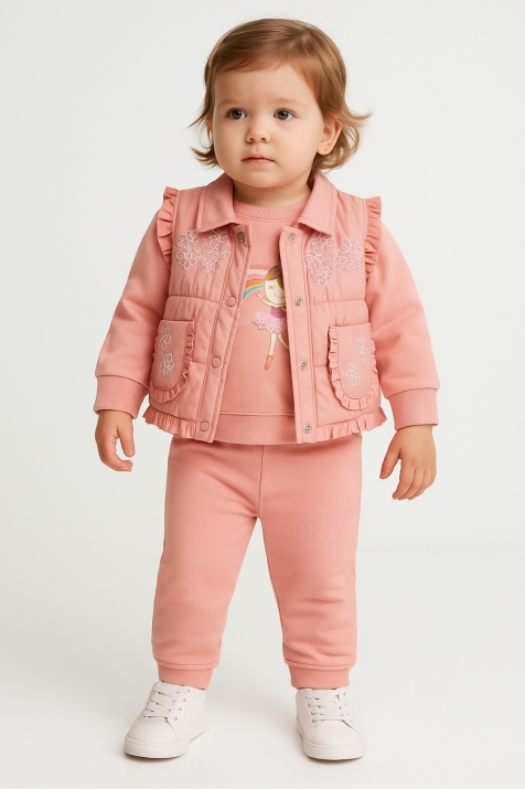 Детски комплект за момиче с дълъг ръкав от 3 части, розов цвят
