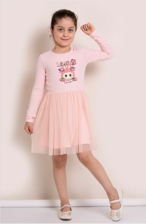Детска рокля с дълъг ръкав Labubu, розов цвят