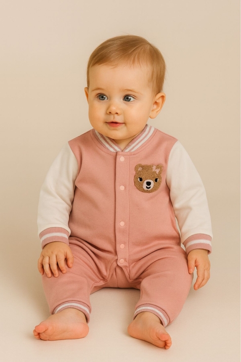 Бебешки гащеризон за момиче с дълъг ръкав, тъмно розов цвят
