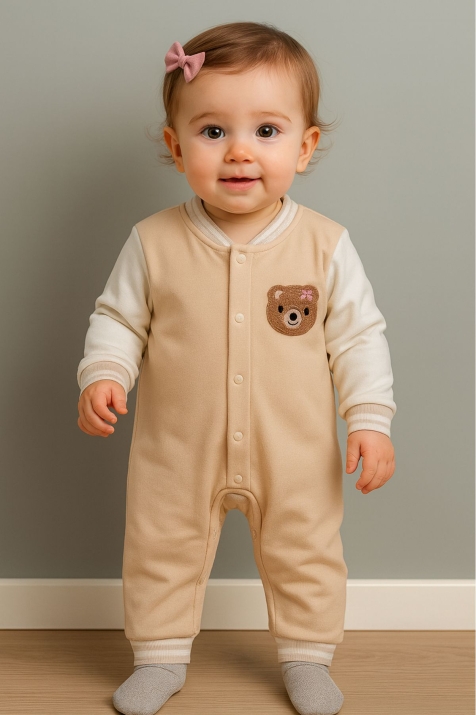Бебешки гащеризон за момиче с дълъг ръкав, бежов цвят