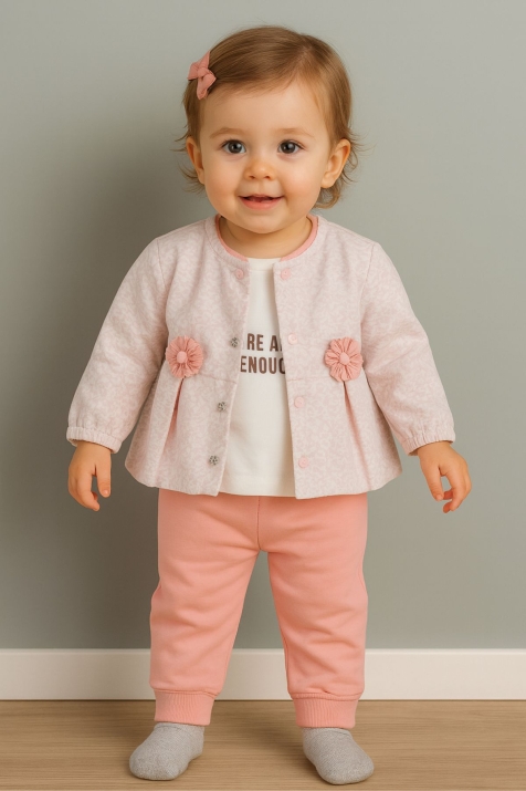 Бебешки комплект за момиче с дълъг ръкав 3 части, розов цвят  