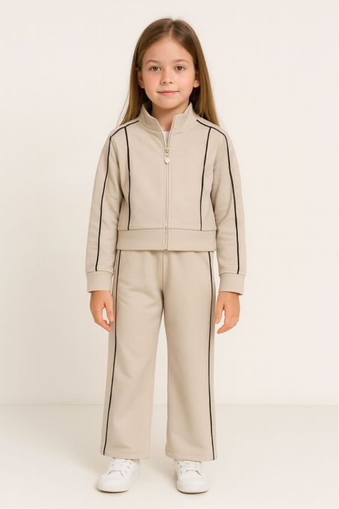 Детски спортен екип за момиче с дълъг ръкав, тъмно бежов цвят  
