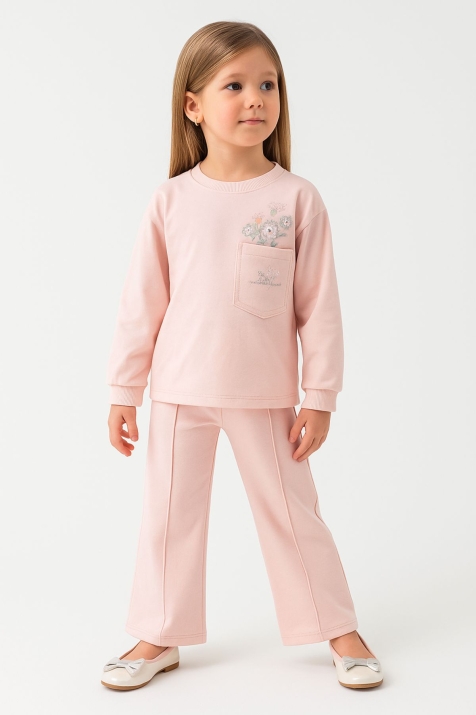 Детски комплект за момиче с дълъг ръкав, розов цвят