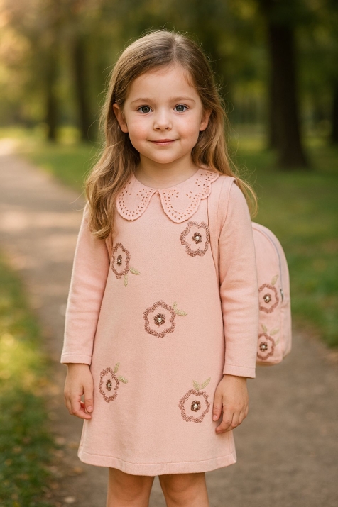  Детска рокля с дълъг ръкав, розов цвят 