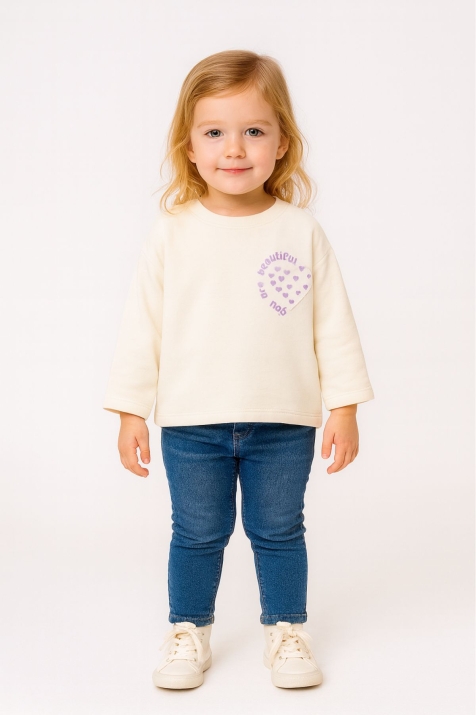 Детска блуза за момиче с дълъг ръкав, цвят екрю