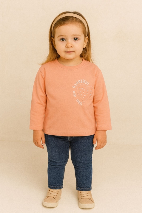 Детска блуза за момиче с дълъг ръкав, цвят сьомга