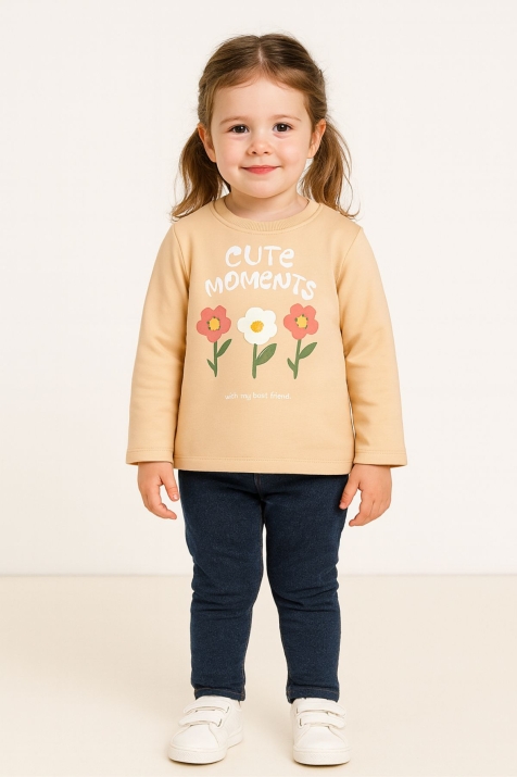 Детска блуза за момиче с дълъг ръкав, бежов цвят