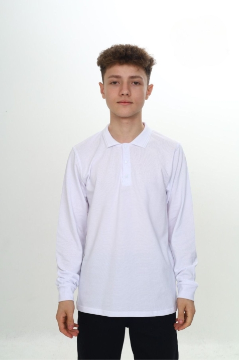 Детска блуза за момче с дълъг ръкав и якичка, бял цвят  