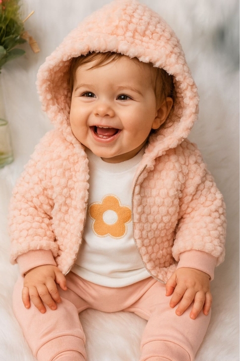 Детски комплект за момиче с дълъг ръкав 3 части, светло розов цвят