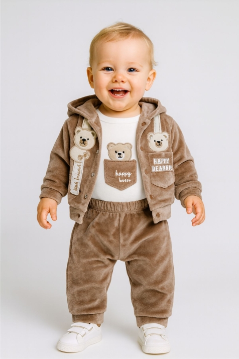  Детски комплект за момче с дълъг ръкав 3 части, кафяв цвят  