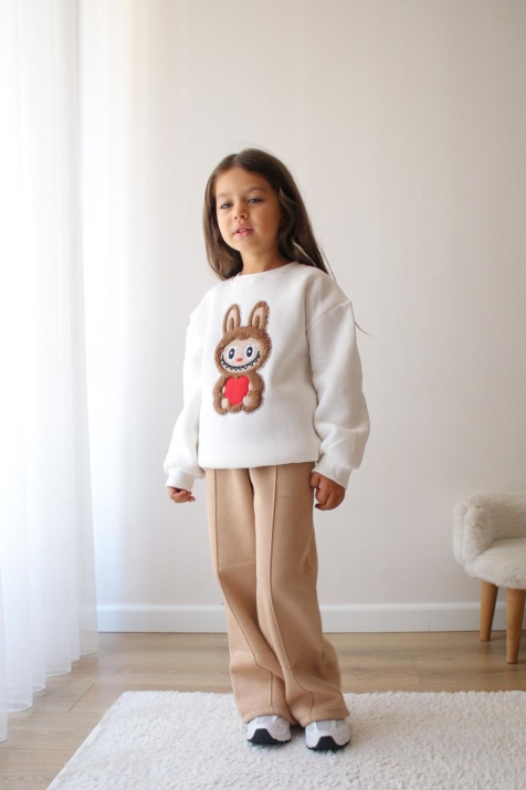 Детски ватиран комплект за момиче с дълъг ръкав, цвят екрю