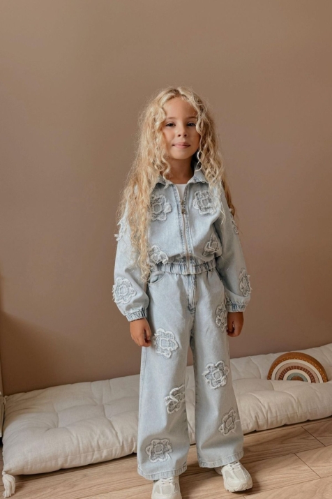 Детски комплект деним за момиче с дълъг ръкав, светло син цвят 