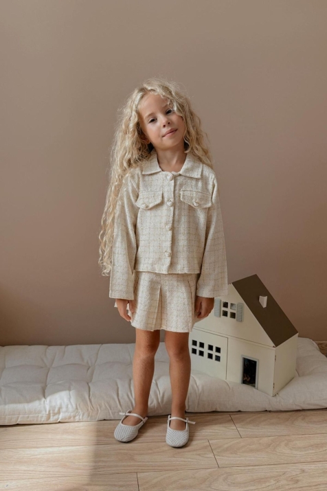 Детски комплект за момиче с дълъг ръкав, цвят екрю