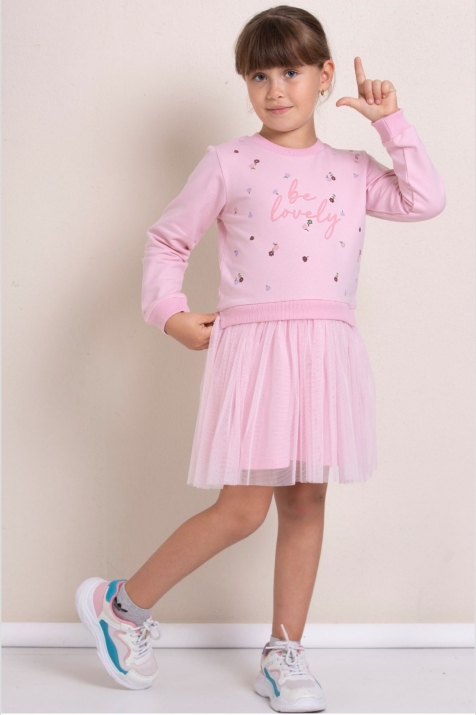 Детска рокля с дълъг ръкав, розов цвят
