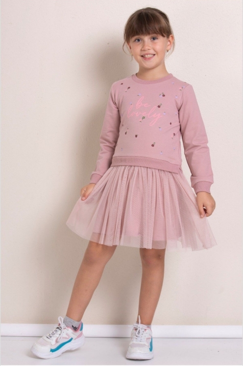 Детска рокля с дълъг ръкав, цвят пудра