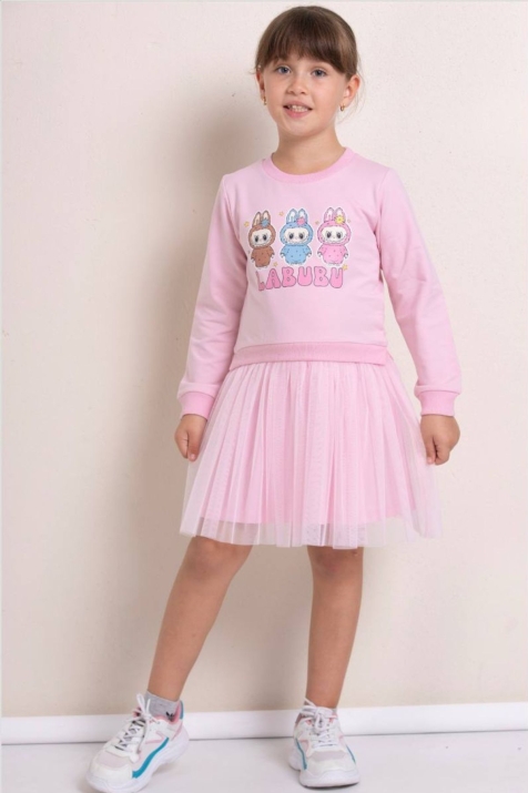 Детска рокля с дълъг ръкав, розов цвят 