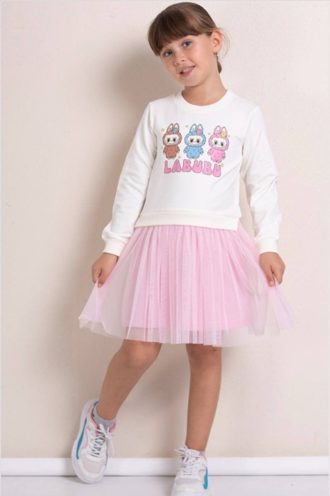 Детска рокля с дълъг ръкав, цвят екрю