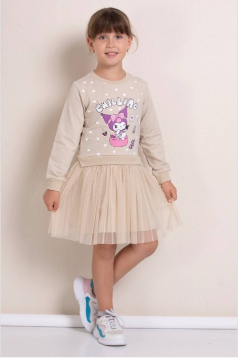 Детска рокля с дълъг ръкав, бежов цвят 