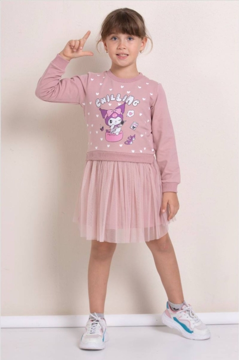 Детска рокля с дълъг ръкав, цвят пудра