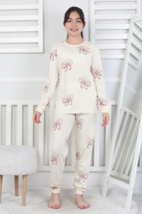 Детска пижама за момиче с дълъг ръкав, цвят екрю