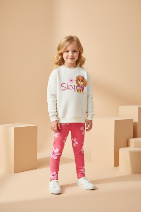 Детски комплект за момиче с дълъг ръкав, цвят екрю