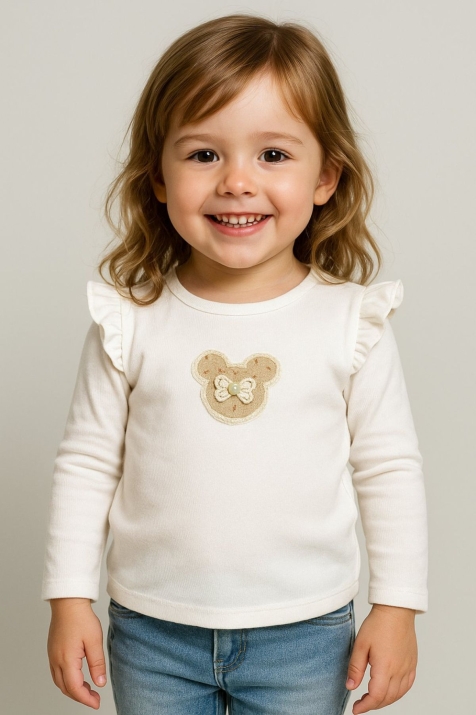 Детска блуза за момиче с дълъг ръкав, цвят екрю 