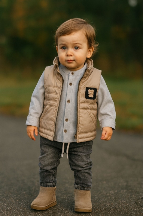 Детски комплект за момче с дълъг ръкав 3 части, бежов цвят