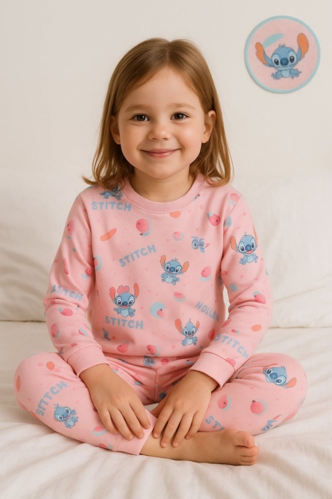  Детска пижама за момиче с дълъг ръкав, розов цвят