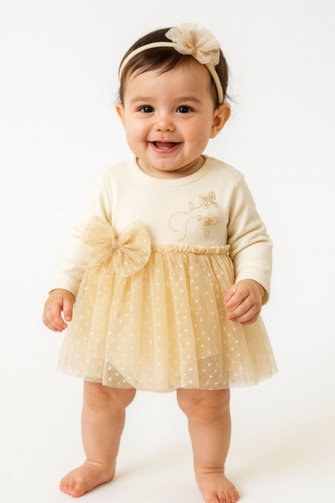 Бебешка боди рокля с лента за глава, бежов цвят