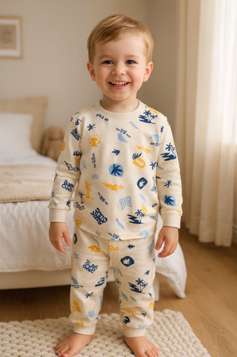 Детска пижама дълъг ръкав за момче, бежов цвят