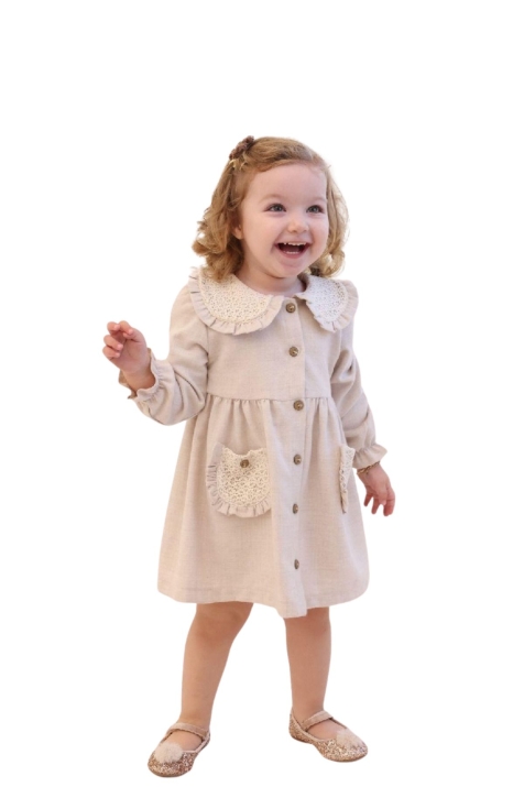 Детска рокля с дълъг ръкав, бежов цвят 
