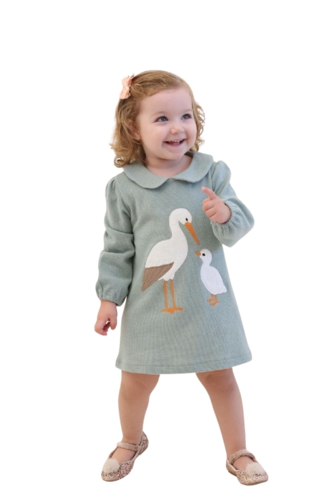 Детска рокля с дълъг ръкав, зелен цвят  