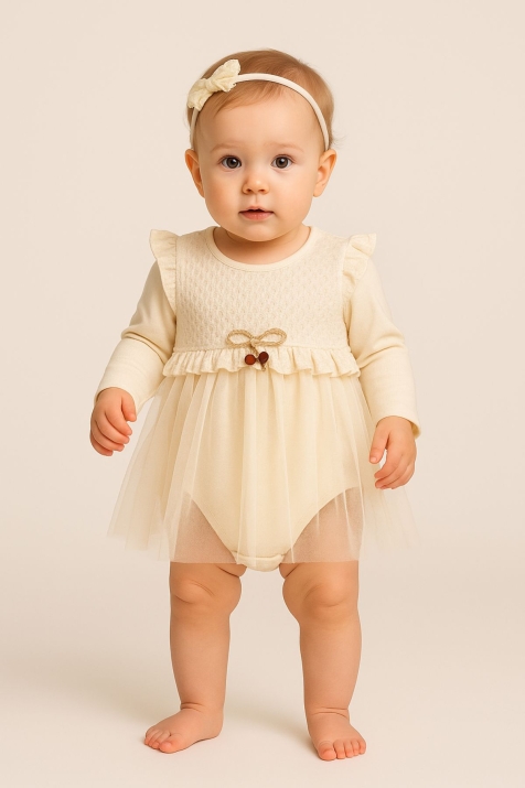 Бебешка боди-рокля с дълъг ръкав, бежов цвят