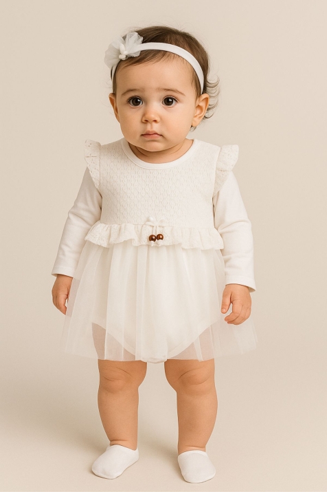 Бебешка боди-рокля с дълъг ръкав, бял цвят