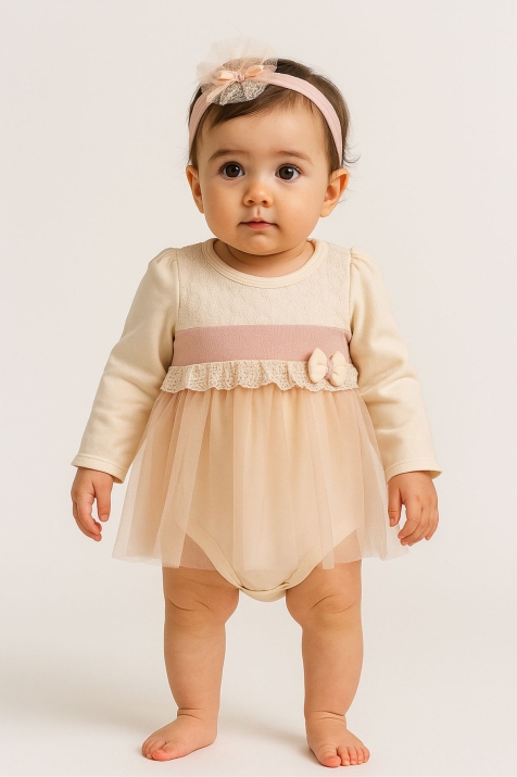 Бебешка боди-рокля с дълъг ръкав, бежов цвят 