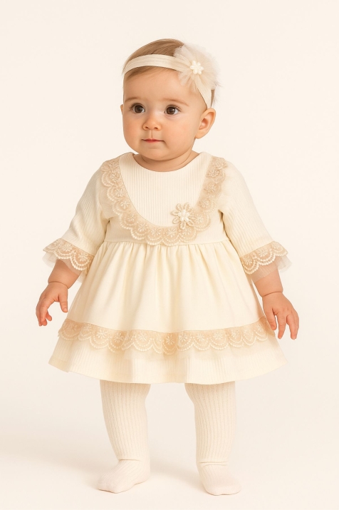 Бебешка рокля дълъг ръкав с лента за глава, бежов цвят