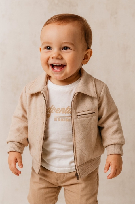 Детски комплект за момче с дълъг ръкав 3 части, бежов цвят 