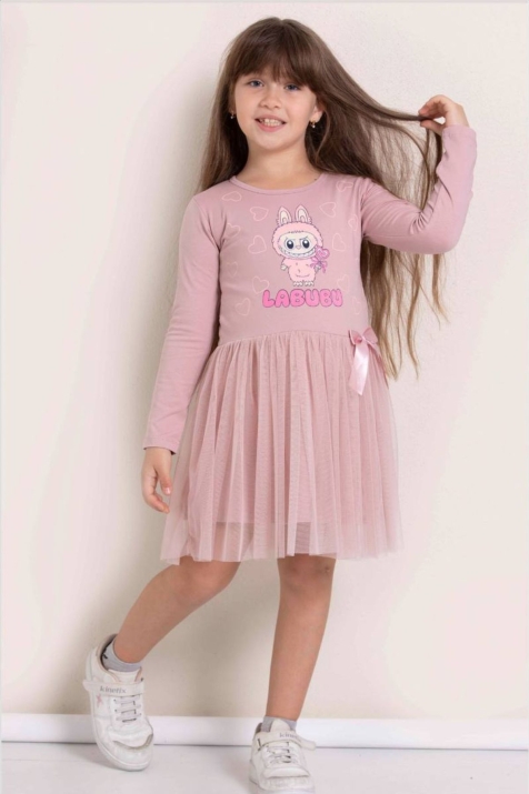 Детска рокля с дълъг ръкав, цвят пудра 