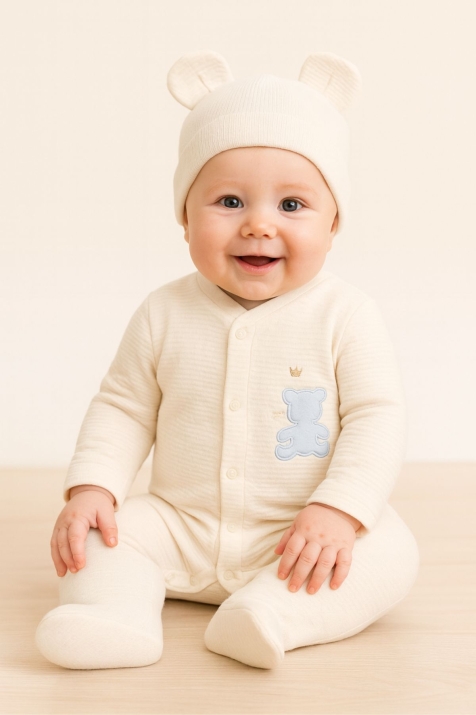 Бебешки гащеризон за момче с дълъг ръкав, бежов цвят